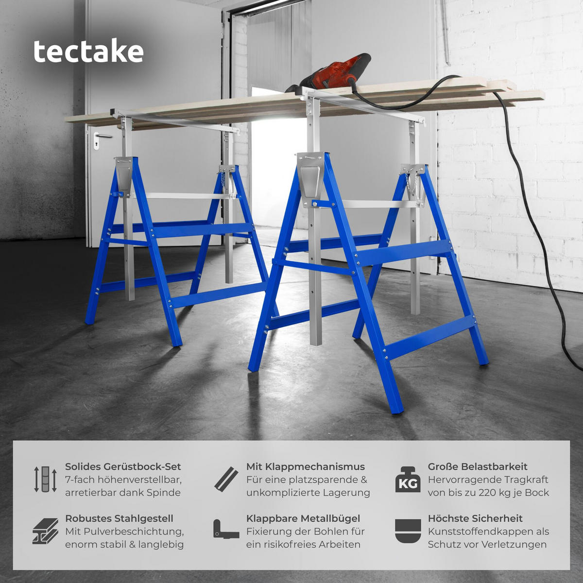 GERÜSTBOCK 2er Set, mit Sicherheitsspinden, blau - Blau, Metall (68.5/56.5/79.5cm) - tectake