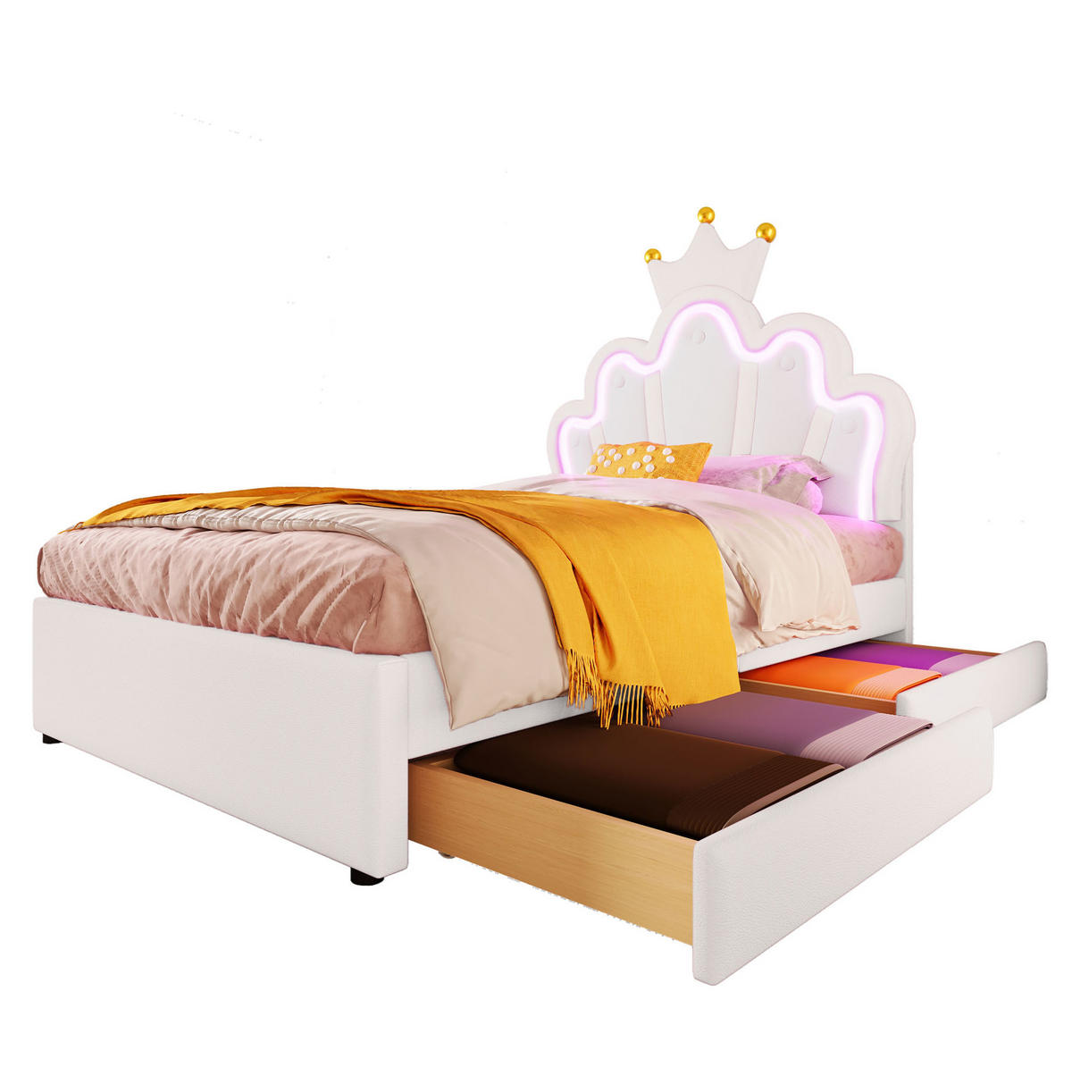 KINDERBETT 90/200 cm in Weiß mit LED-Licht, 2 Schubladen und verstellbarem Kopfteil - Weiß, Leder (90/200cm) - BEAOK