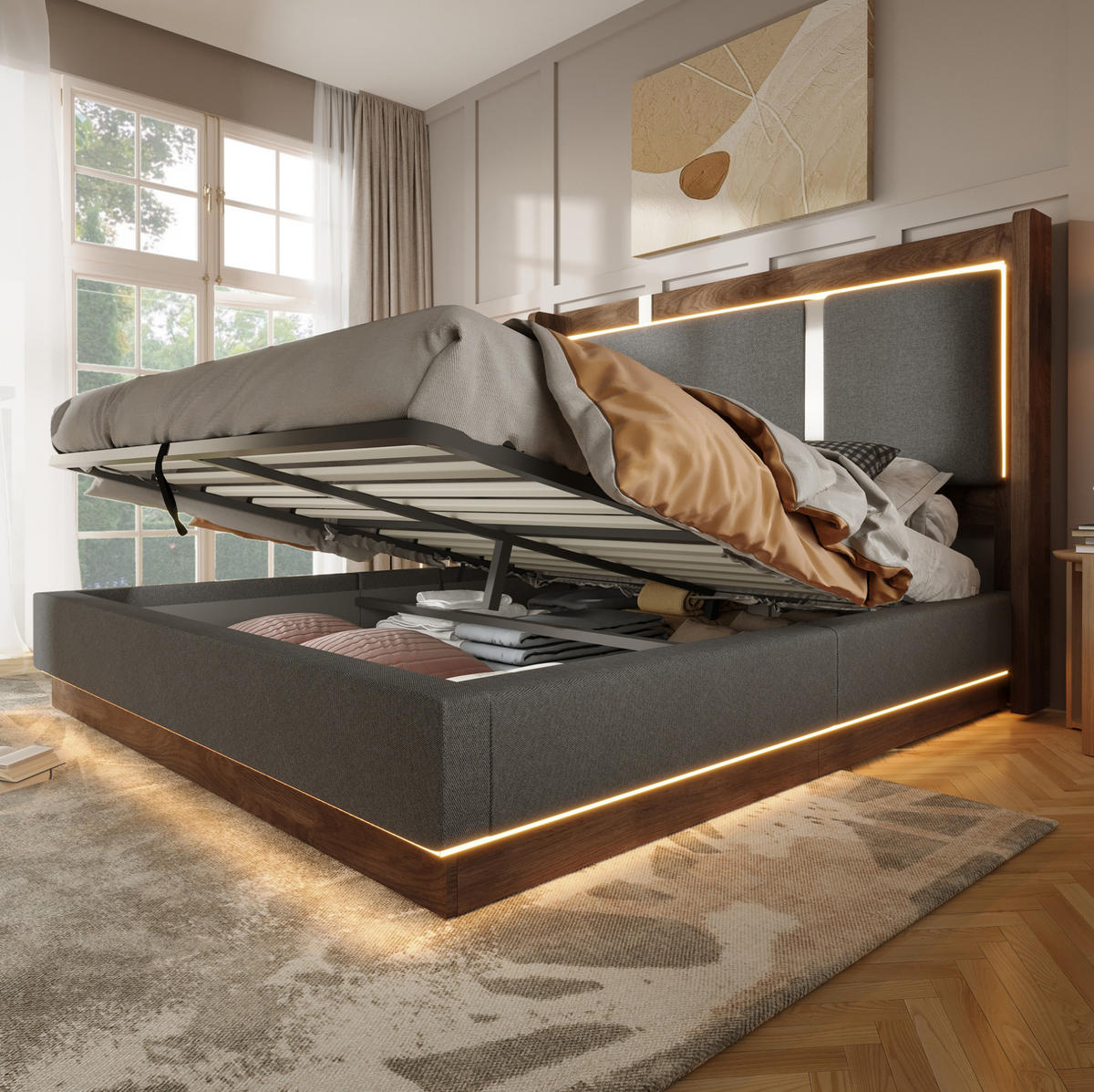 POLSTERBETT 160x200 cm in Grau mit LED-Beleuchtung, Bettkasten und Lattenrost - Grau, Textil (160/200cm) - IVMEU