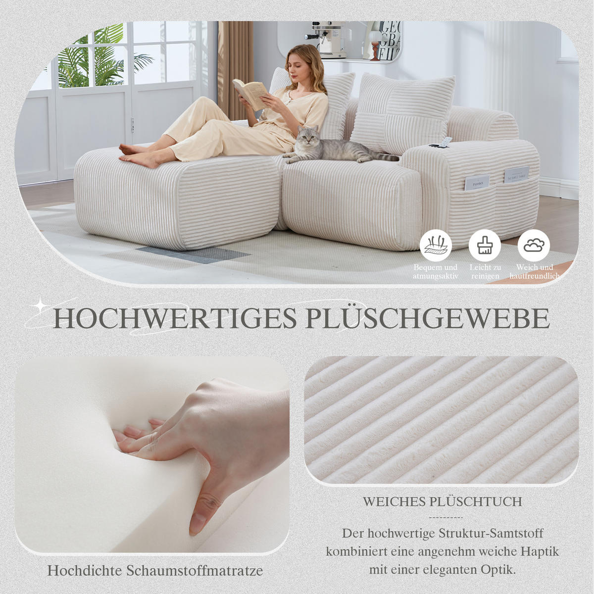 MODULARES 2-Sitzer Sofa Cord mit Getränkehalter und Seitentasche 200/174/80 cm Beige - Beige, Textil (174/200cm) - Redom
