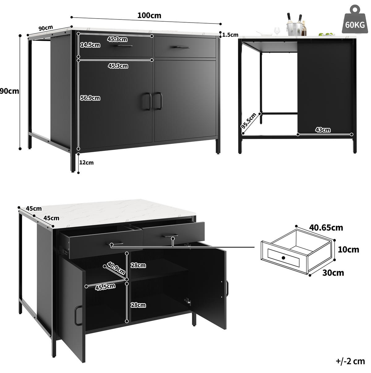 STEHTISCH 100x90x90cm Schwarz Marmoroptik mit 2 Schubladen & Eisenbeinen - Schwarz, Holzwerkstoff (100/90/90cm) - Modfu