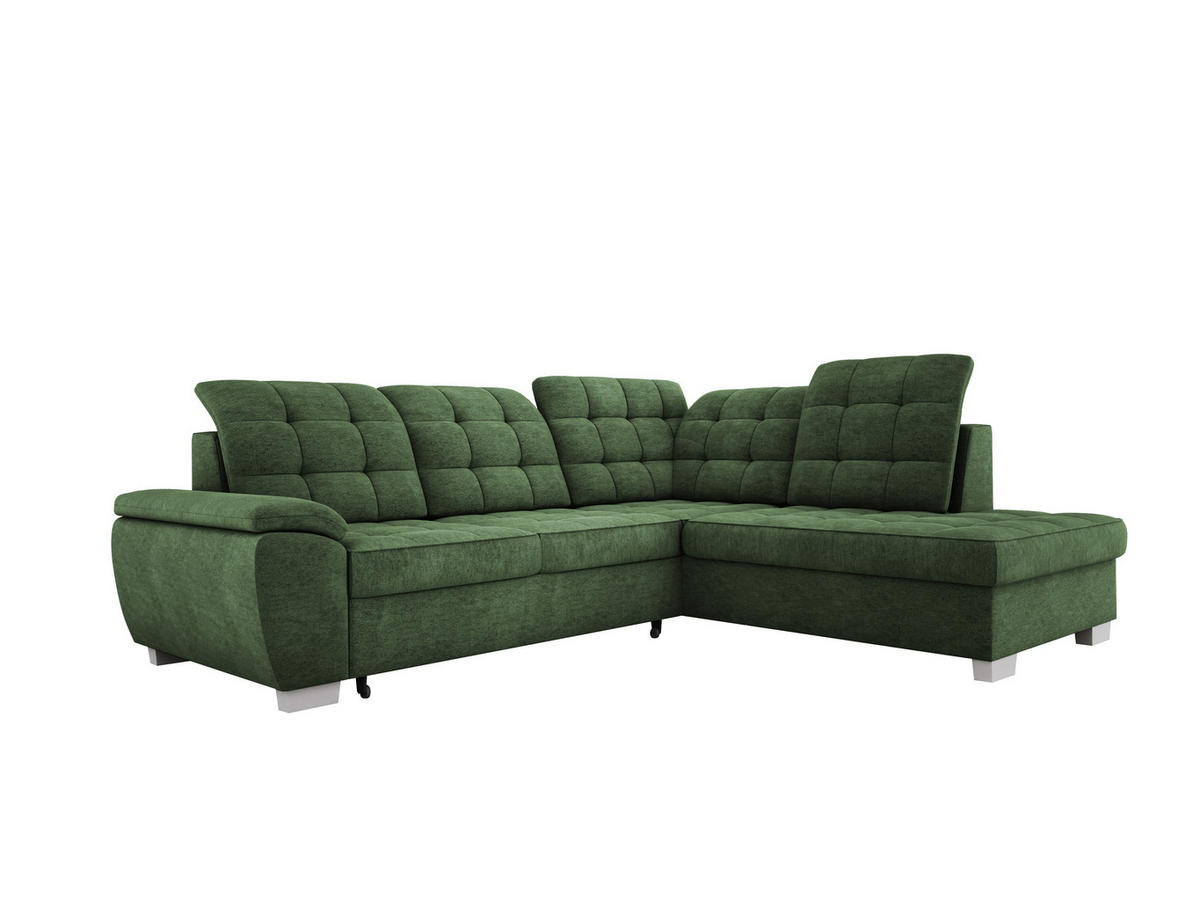 ECKSOFA LOTTA L-förmig Bettkasten verstellbare Kopfstützen hochwertige Verarbeitung lose Rückenkissen freistehend RECHTS 258x212x106 cm Green - Grün, Holz/Textil (258/212cm) - DomoHome