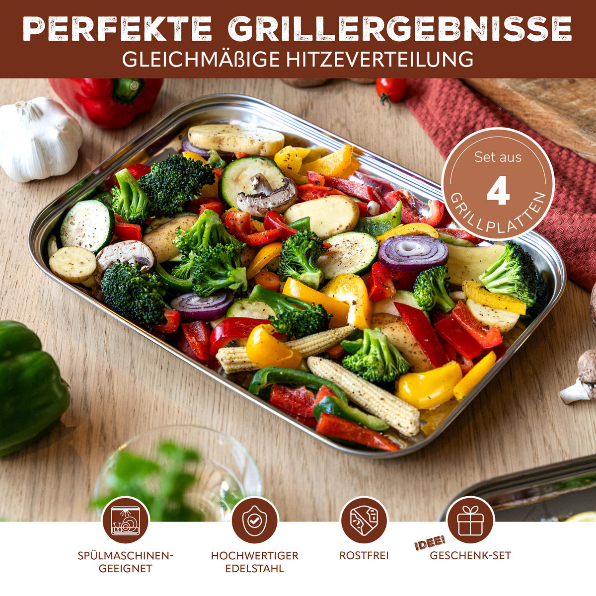 GRILLSCHALE 4er-Set, silber, Edelstahl - Edelstahlfarben, Metall (35/2.5/24.5cm) - bremermann