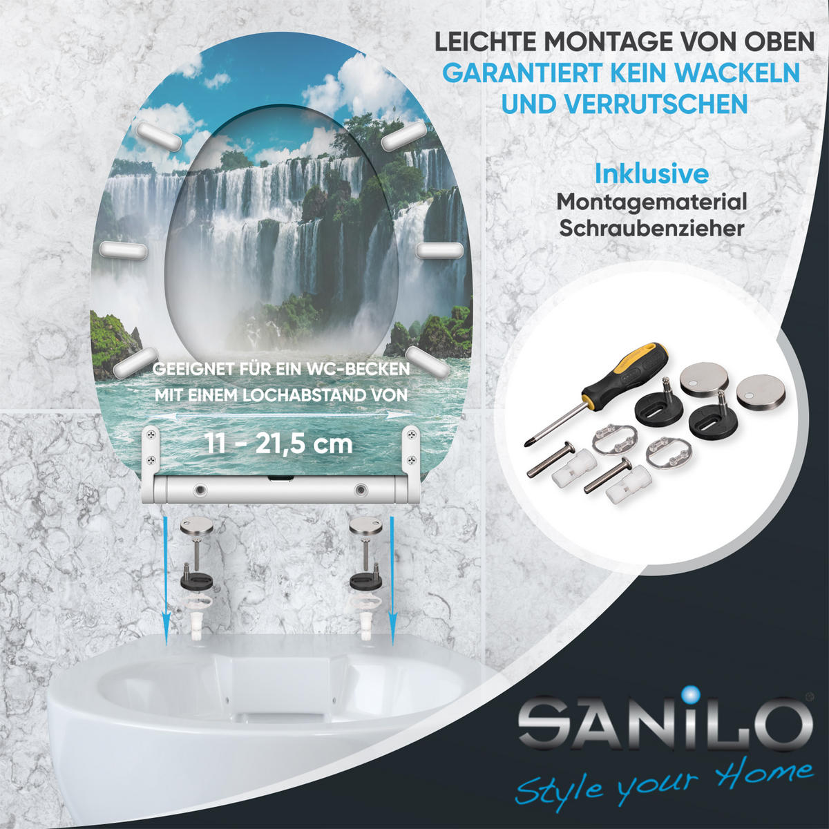 WC-SITZ mit Absenkautomatik & Top Fix Wasserfall - Blau, Holzwerkstoff (37.7/5.5/48cm) - Sanilo