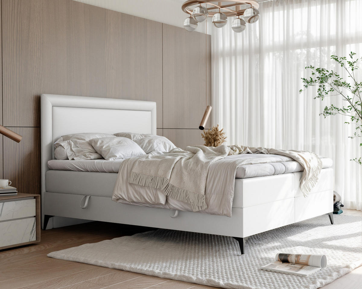 BOXBETT NERO 200/200 cm mit Matratze und Topper, Weiß - Schwarz/Weiß, Holzwerkstoff/Textil (200/200cm) - Idohome