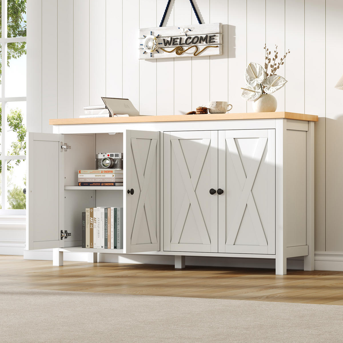 SIDEBOARD Weiß MDF 4 Türen 2 Fächer 140cm Modern Schrank - Weiß, Holzwerkstoff (140/78/40cm) - FLIEKS