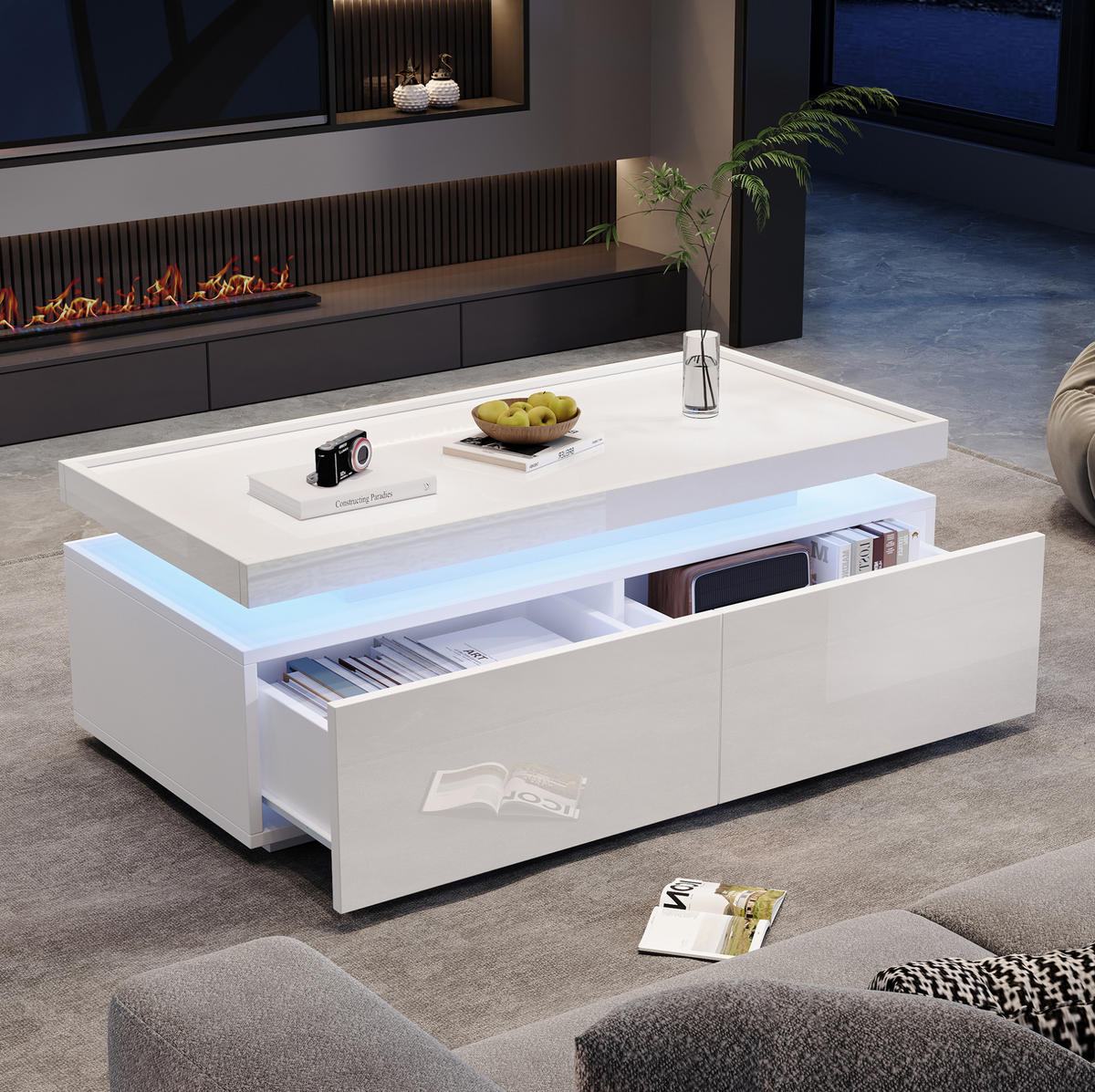 COUCHTISCH 95/45/35 cm mit LED-Beleuchtung, 2 Schubladen und halboffener Ablage, Hochglanz-Design, Weiß - Weiß, Holzwerkstoff (95/45/35cm) - Redom