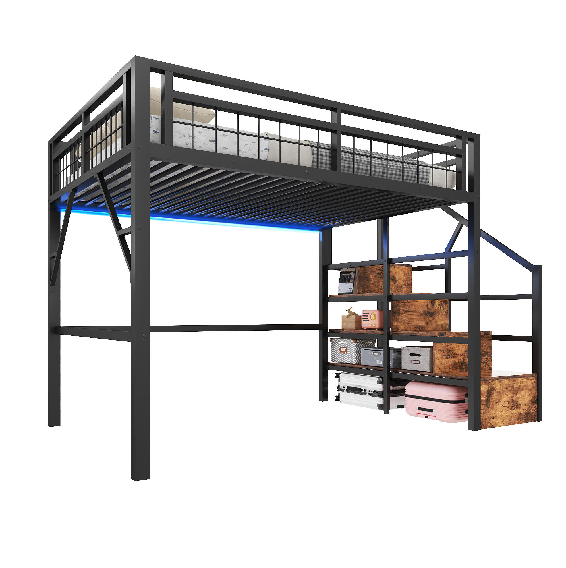 HOCHBETT 140/200 cm Schwarz mit LED-Lichtleiste und Stauraum - Schwarz, Metall (140/200cm) - MIVRAY