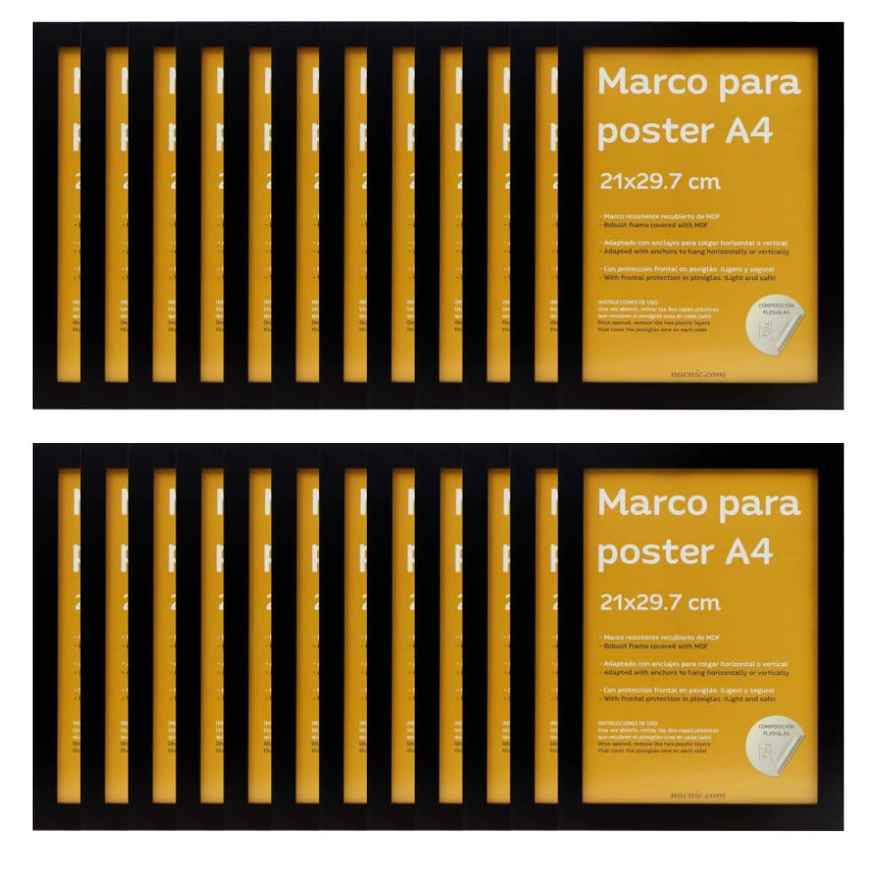 RAHMEN Set mit 24 aus MDF und Acrylglas Schutz und Aussteller für Fotografien, Bilder, Poster, Gemälde, Dekoration für Haus Farbe Schwarz A4 - Schwarz, Holz (21/3/29.7cm) - Nacnic
