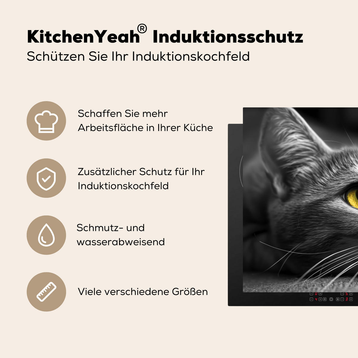 HERDABDECKPLATTE Katze - Grau - Tiere - Katze 80x52 cm - Grau, Kunststoff (80.2/0.2/52.2cm) - MuchoWow
