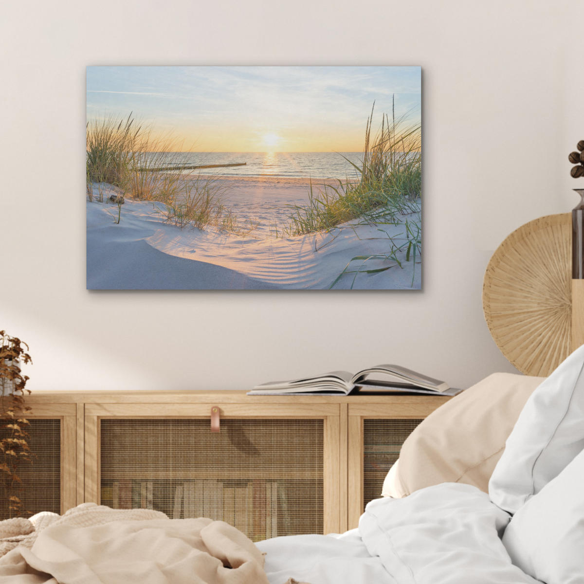 AKUSTIKBILD Strand - Sonne - Düne - Gras - Sand - Horizont Wanddeko 70x50 cm - Hellblau, Kunststoff (70/50/0.9cm) - MuchoWow