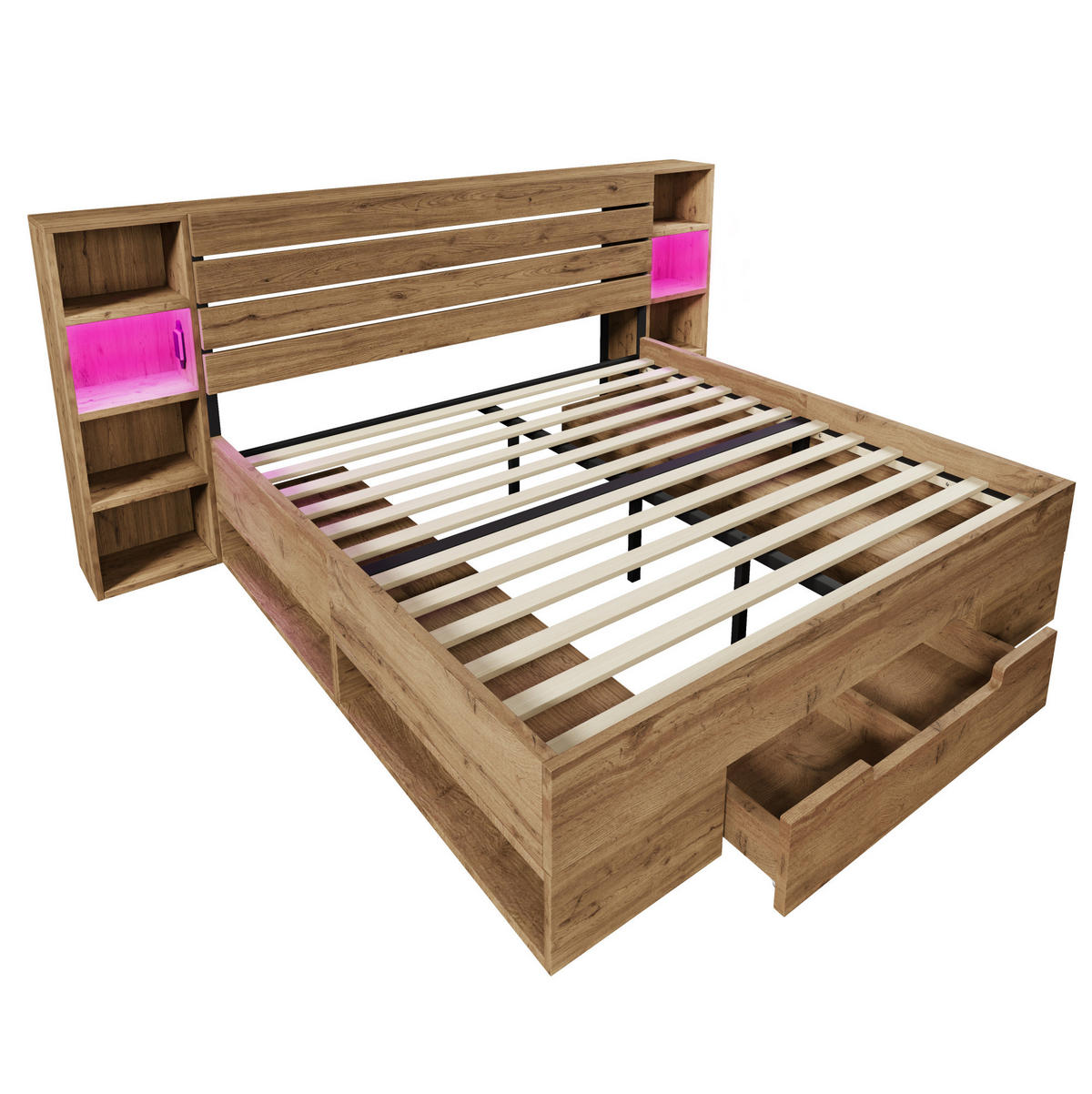 POLSTERBETT 160/200 cm mit LED-Kopfteil, USB/Type-C & Schubladen, Eiche - Eichefarben, Metall (160/200cm) - Redom