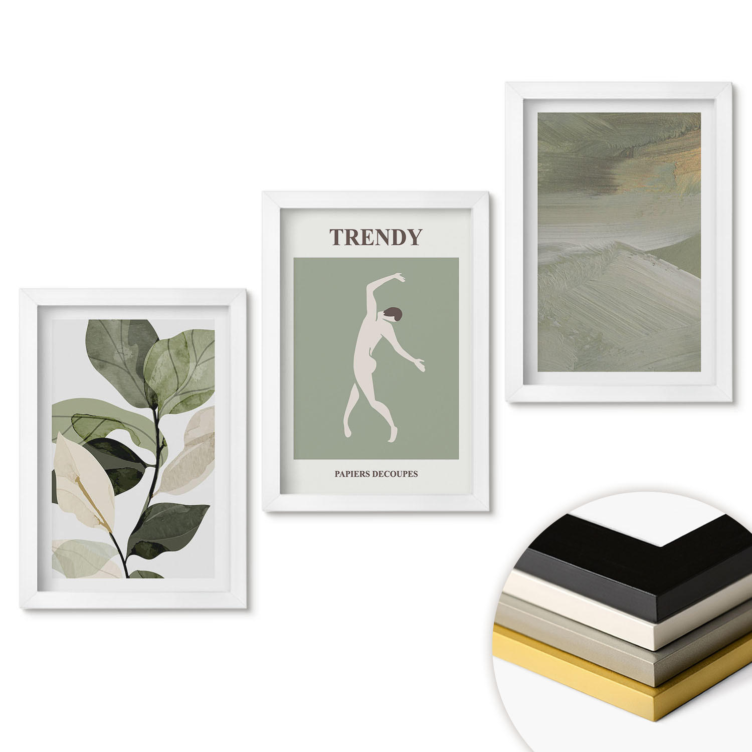 WANDBILDER 3er-Set - 20x30 cm Weißer Rahmen - Abstrakte Pflanzensilhouettenmuster - Weiß, Kunststoff (20/30cm) - ArtPrintCave