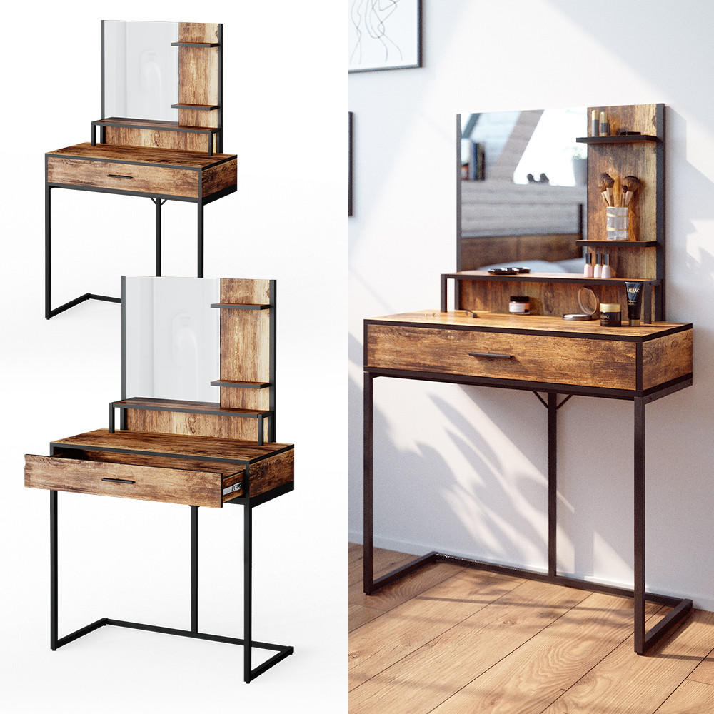 SCHMINKTISCH Fyrk Antikholz 80 cm - Eichefarben/Schwarz, Holzwerkstoff (80/135.5/40cm) - Vicco