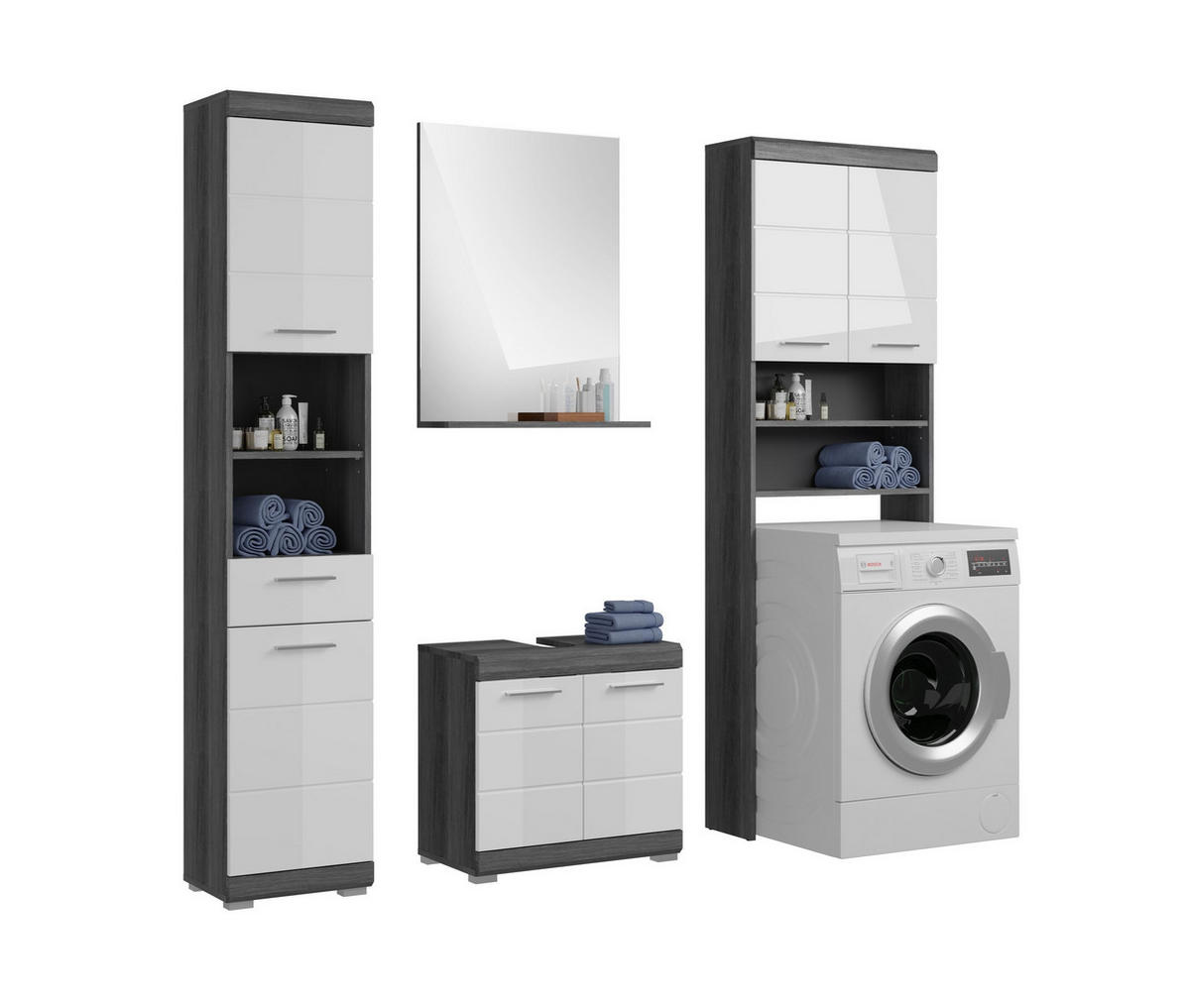 BADKOMBINATION 4tlg. Scout Bad in Rauchsilber Nachbildung und weiß hochglanz B/H/T: 190x191x34 cm - Anthrazit, Holz (190/191/34cm)