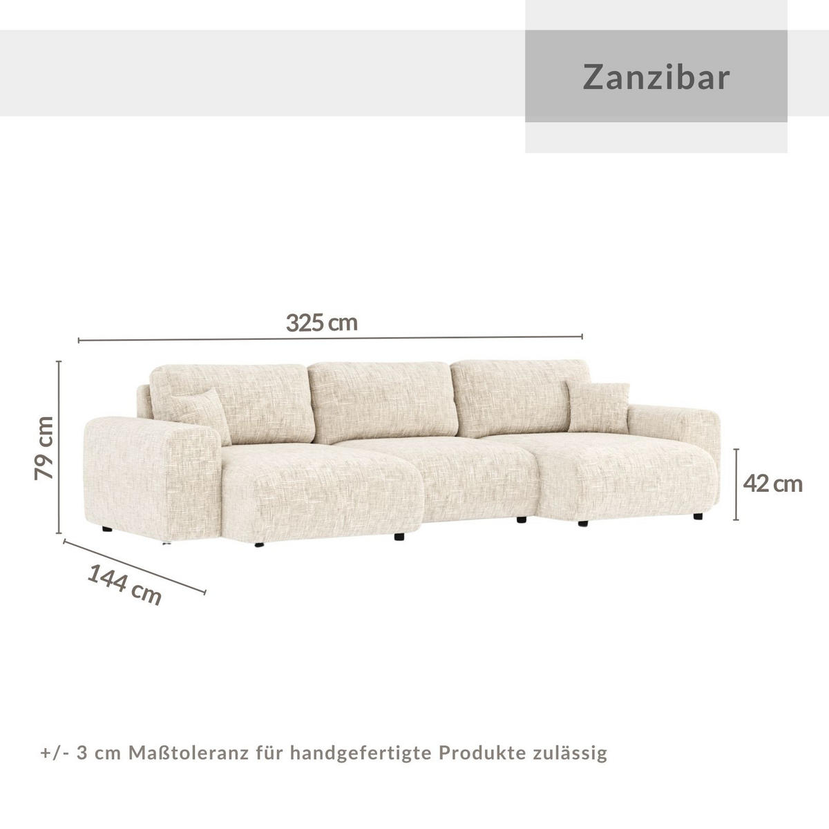 PANORAMASOFA Zanzibar Creme Webstoff - Creme/Schwarz, Holz/Holzwerkstoff (325/79/144cm) - Maison de Reve