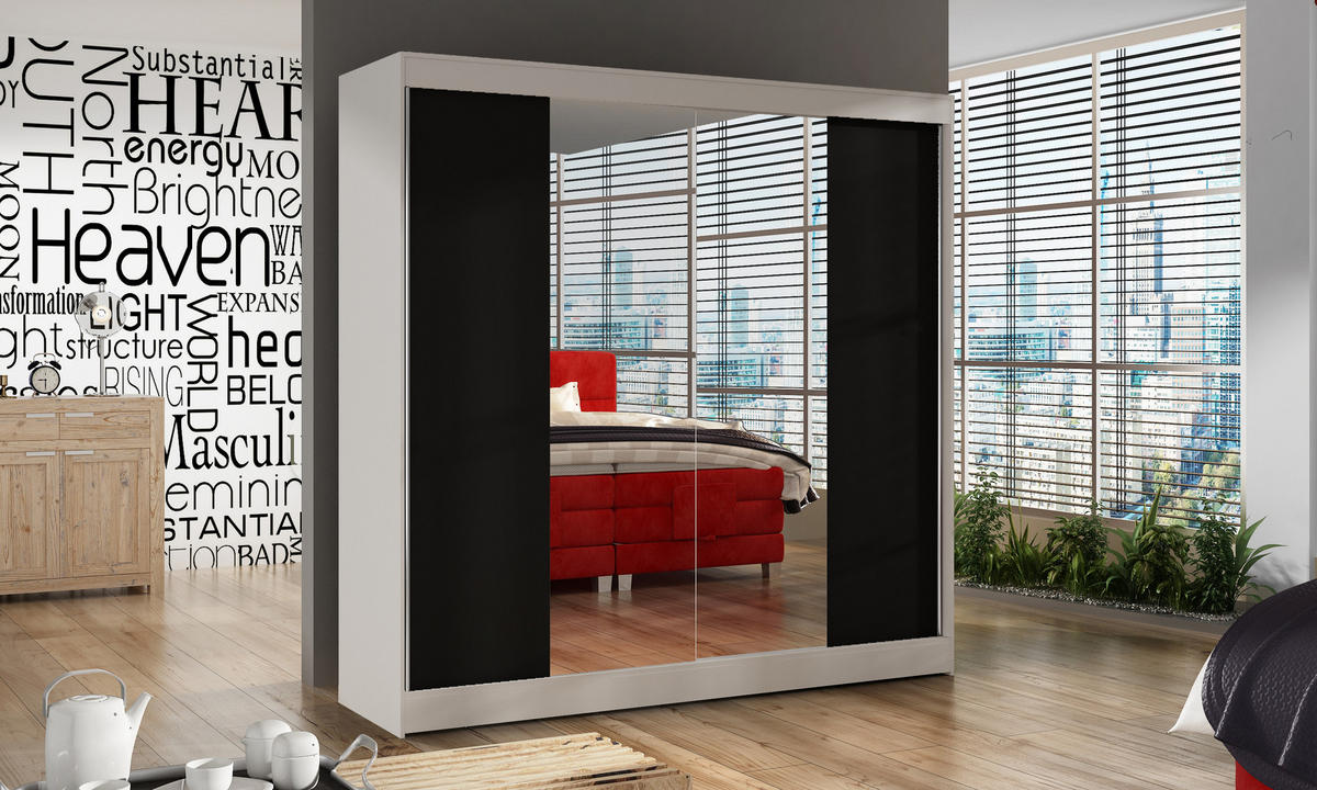 SCHWEBETÜRENSCHRANK Basti II - 200 cm - Schwarz/Weiß, Holzwerkstoff/Metall (200/215/58cm) - Sofnet