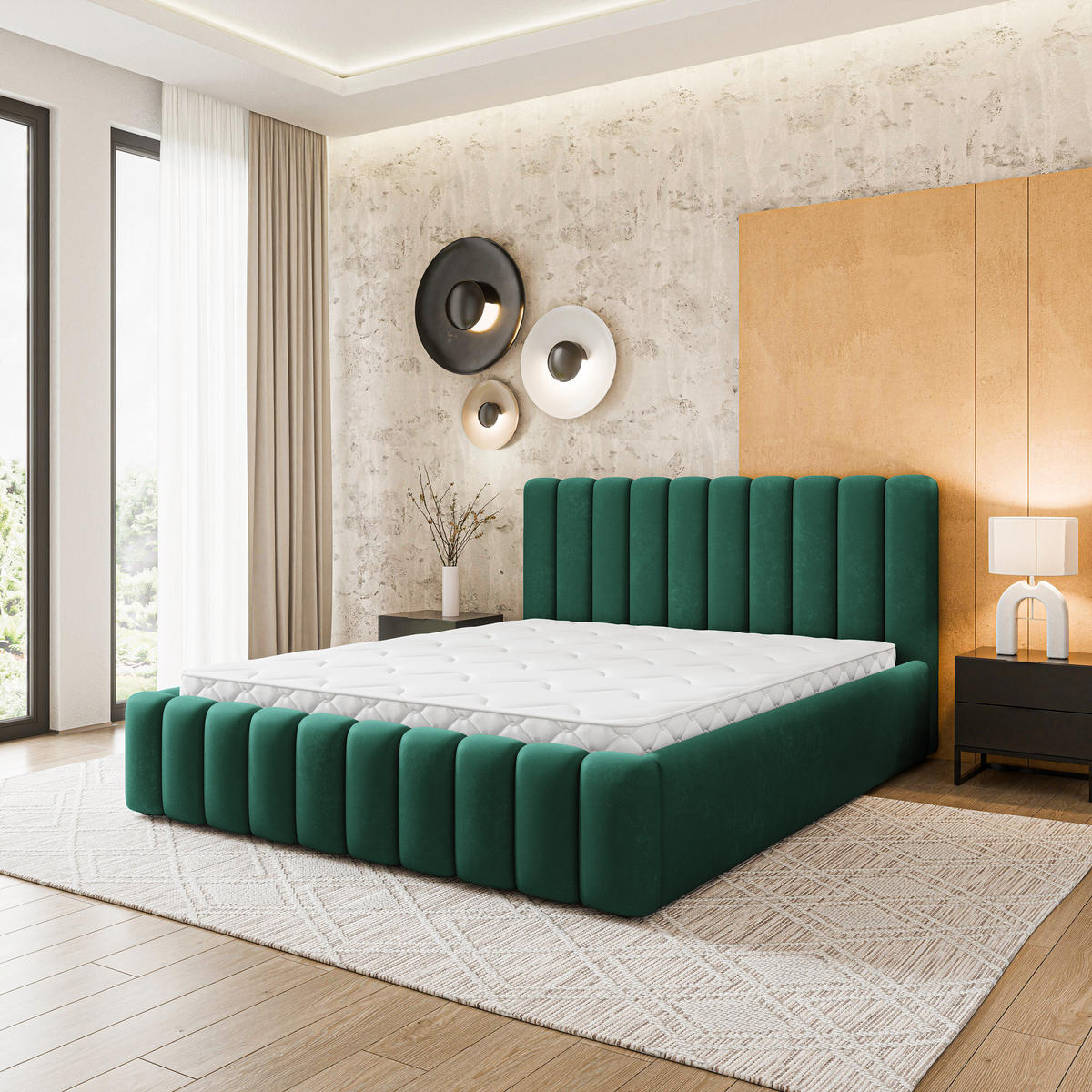 ČALOUNĚNÁ Postel DINESE 160x200 cm Lahvově zelená - lesní zelená, kompozitní dřevo/textil (160/200cm) - MASSENO
