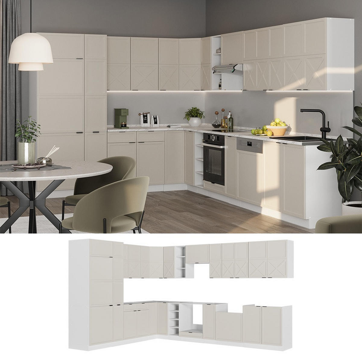 ECKKÜCHE Fame-Line, GrauBeige/Weiß, 347 x 257 cm, AP Anthrazit - Greige/Weiß, Holzwerkstoff (347/206.8/60cm) - Vicco