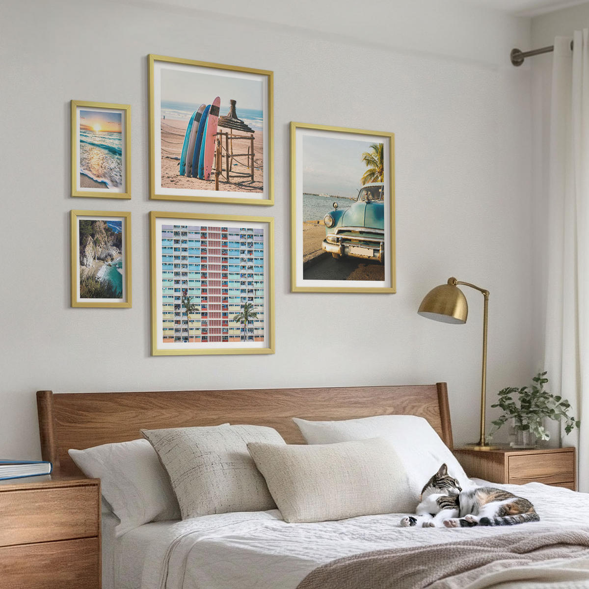 BILDER SET 5er Set - 50x50 cm & 20x30 cm & 40x60 cm Goldrahmen - Sonnenuntergang in Miami - Goldfarben, Kunststoff (40/60cm) - TULUP