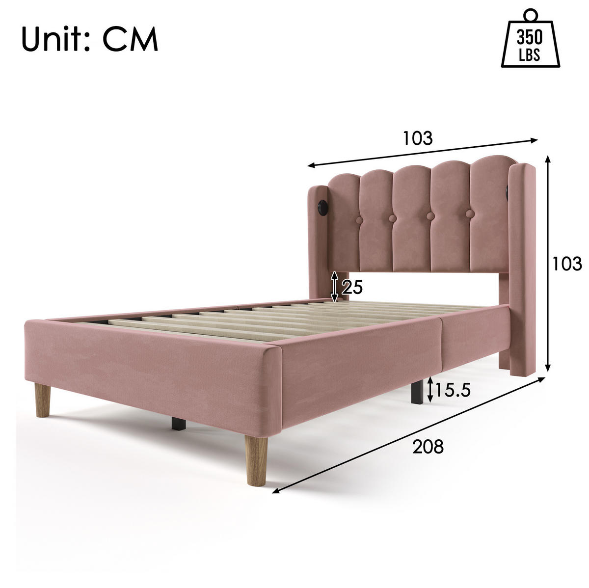 SAMT-POLSTERBETT 90/200 cm Rosa mit USB-C, Lattenrost und gepolstertem Kopfteil - Rosa, Textil (90/200cm) - BEAOK