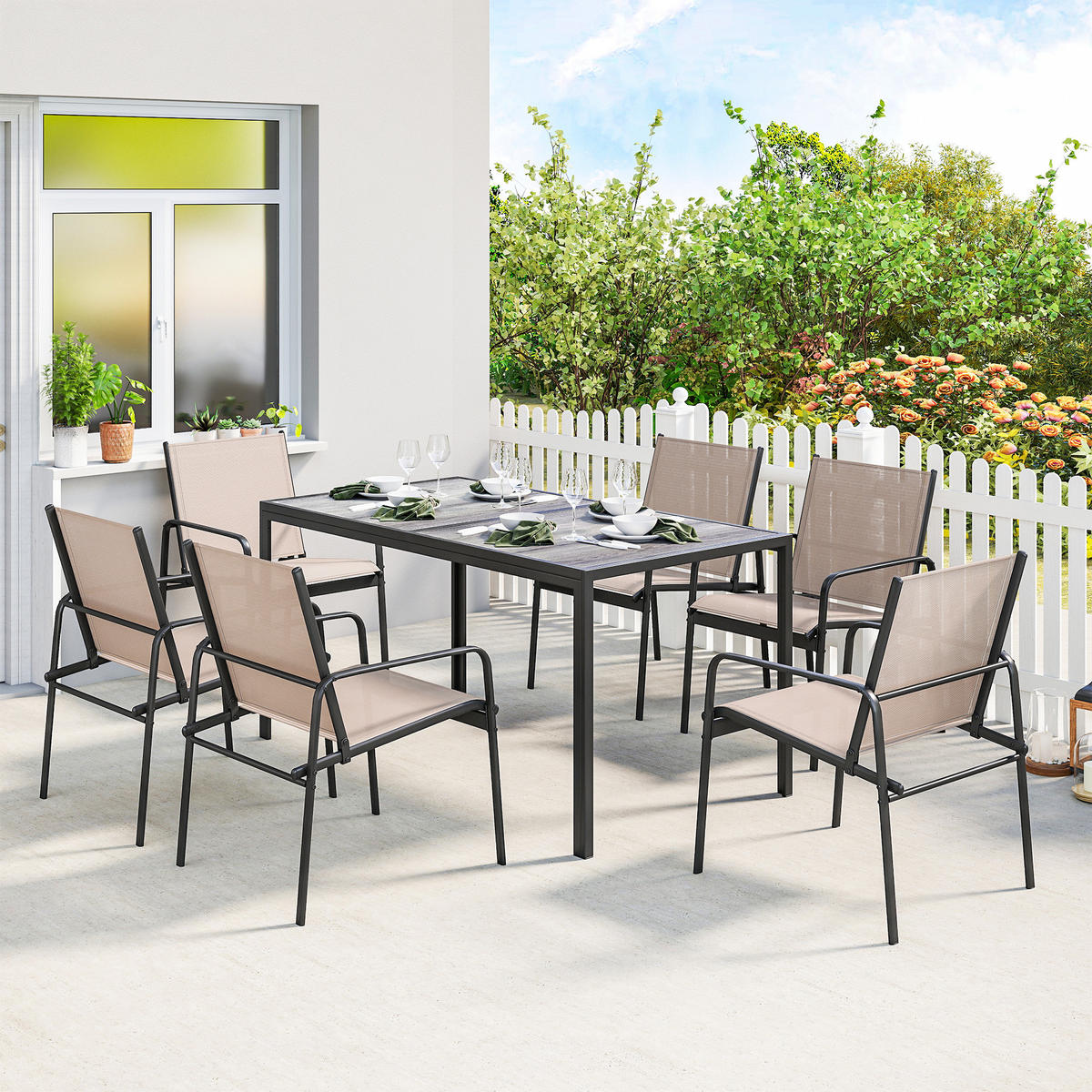 GARTENMÖBEL-SET,HOLZOPTIK Tisch+6 atmungsaktive Stühle,khaki - Beige, Metall - Vallsero