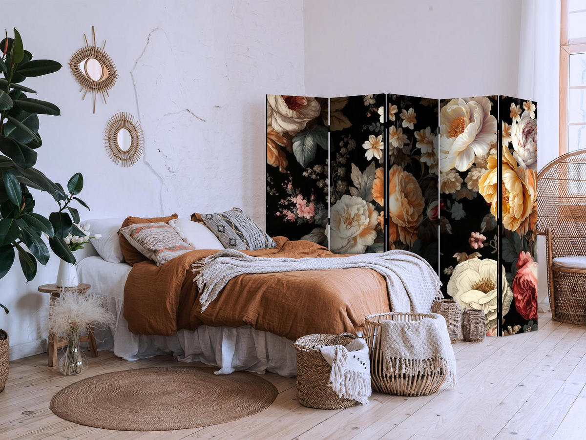 PARAVÁN Obojstranný 5-dielny 225x172 cm Pivonky v Retro Štýle - viacfarebná, drevo/textil (225/172/3cm) - Muralo