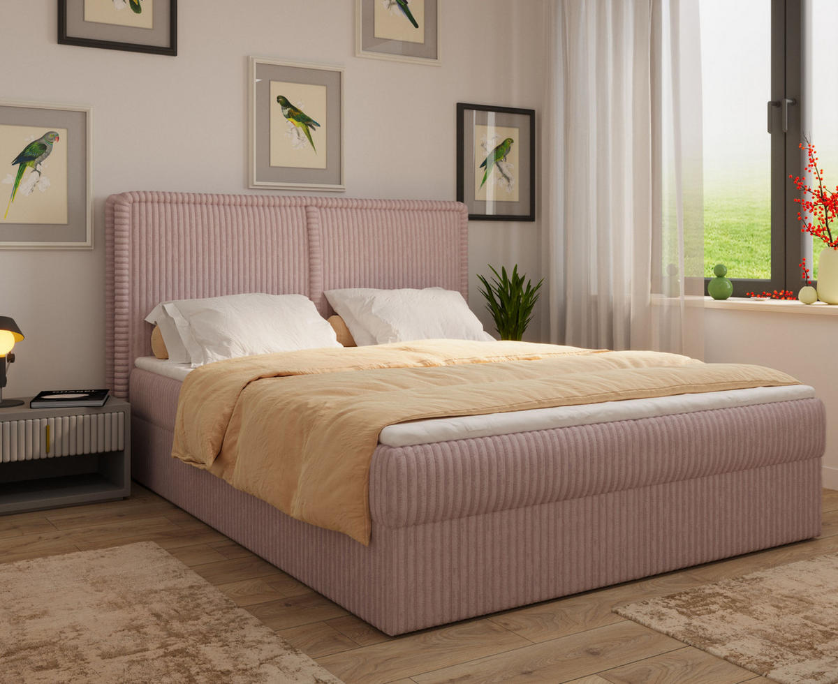 BOXBETT 04 180 x 200 cm - Ambience – Modernes Polsterbett mit Bettkasten, Topper und gepolstertem Kopfteil, Stoffbezug, Stauraumbett - Rosa, Holz (180/200cm) - ROYAL24_MARKT