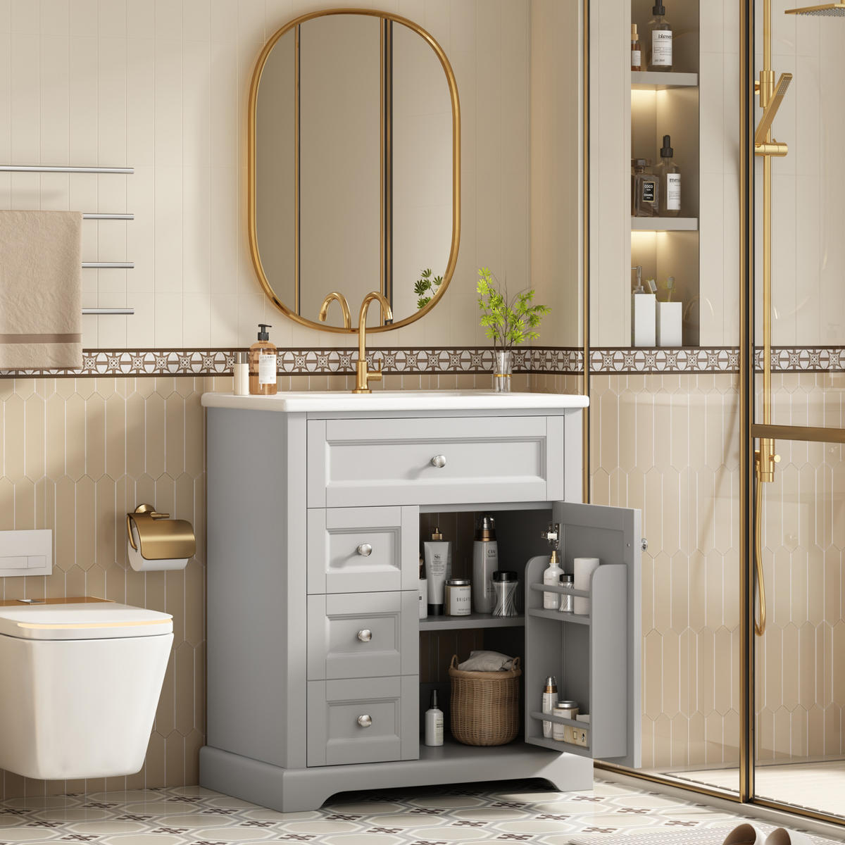 BADEZIMMERSCHRANK mit Waschbecken aus MDF und Keramik 76x46x87 cm Grau freistehend mit Stauraum - Grau, Keramik (76/87/46cm) - Modfu