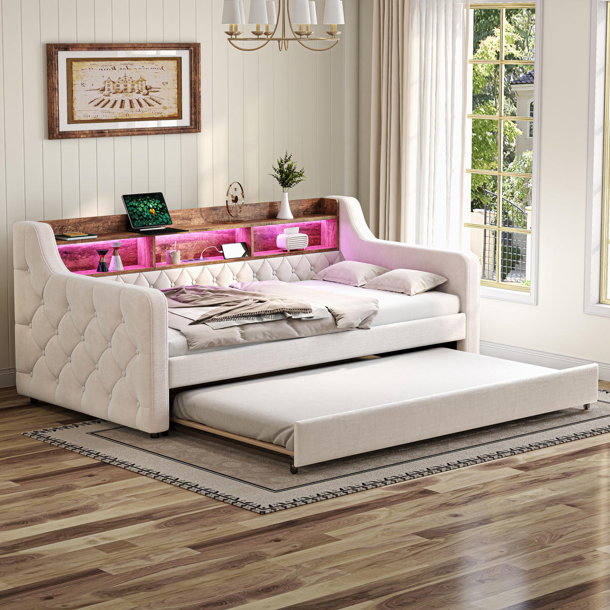 BETT 90/190 cm aus Samt mit Stauraum LED-Ambiente & USB-Type-C-Anschluss Beige - Beige, Textil (90/190cm) - OKWISH