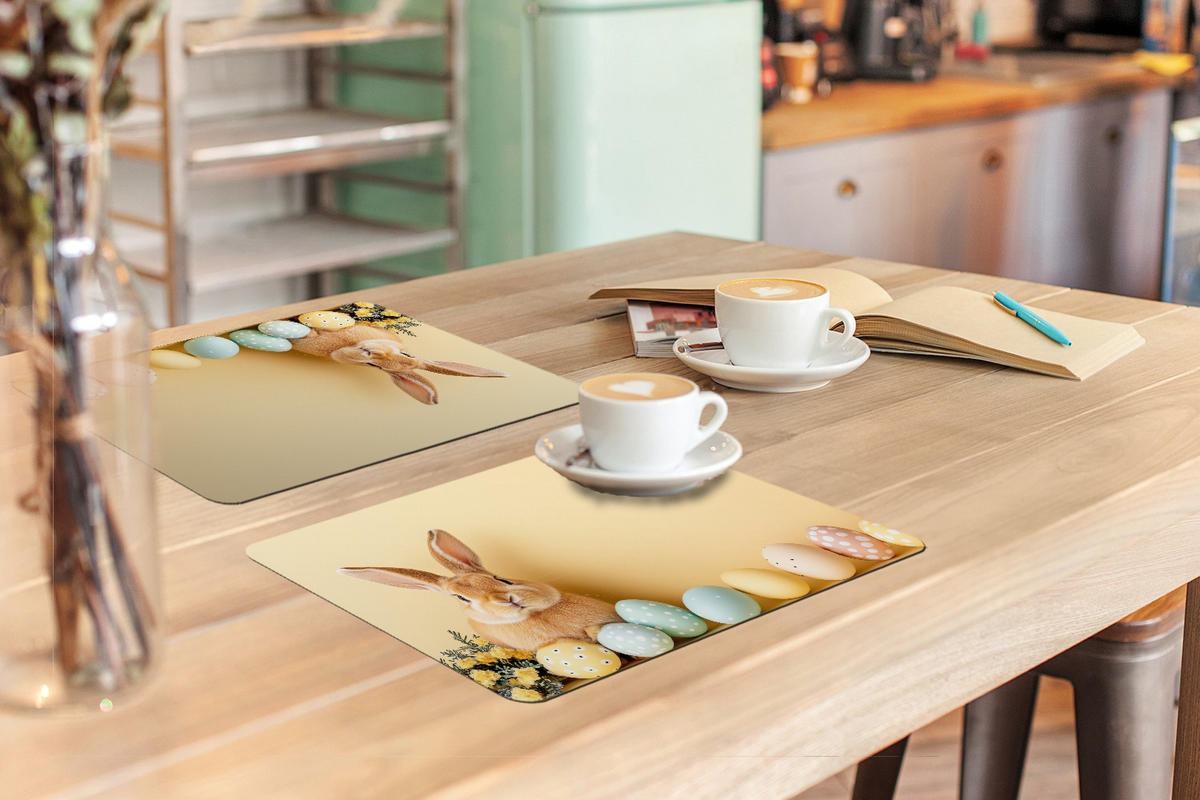 PLATZSETS 6er-Set Eier - Kaninchen - Pastellfarbtöne Unterlage 45x30 cm - Hellgelb, Kunststoff (0.3/45/30cm) - MuchoWow