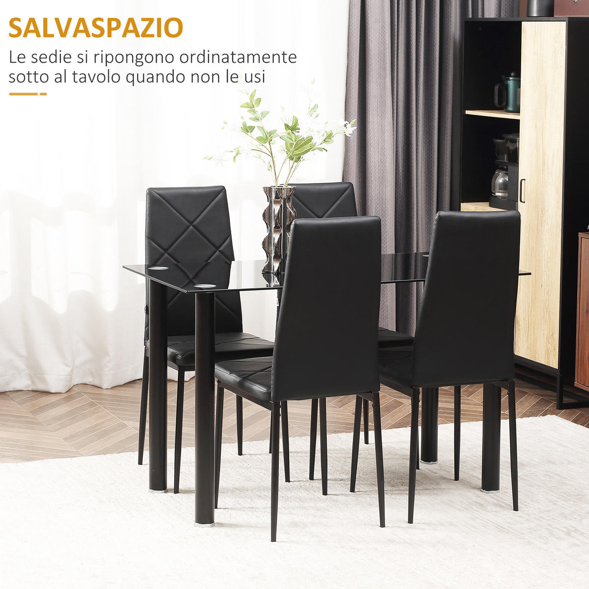 ESSGRUPPE, Glas Tisch+4 Stühle, schwarz - Schwarz, Glas (60/75/120cm) - Vallsero