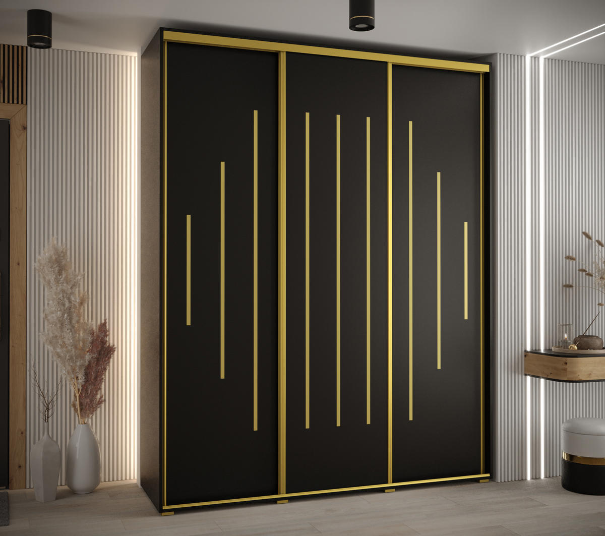 SCHWEBETÜRENSCHRANK 235,2/190/60 3-türig - Goldfarben/Schwarz, Holz/Metall (190/235/60cm) - Abiks Möbel