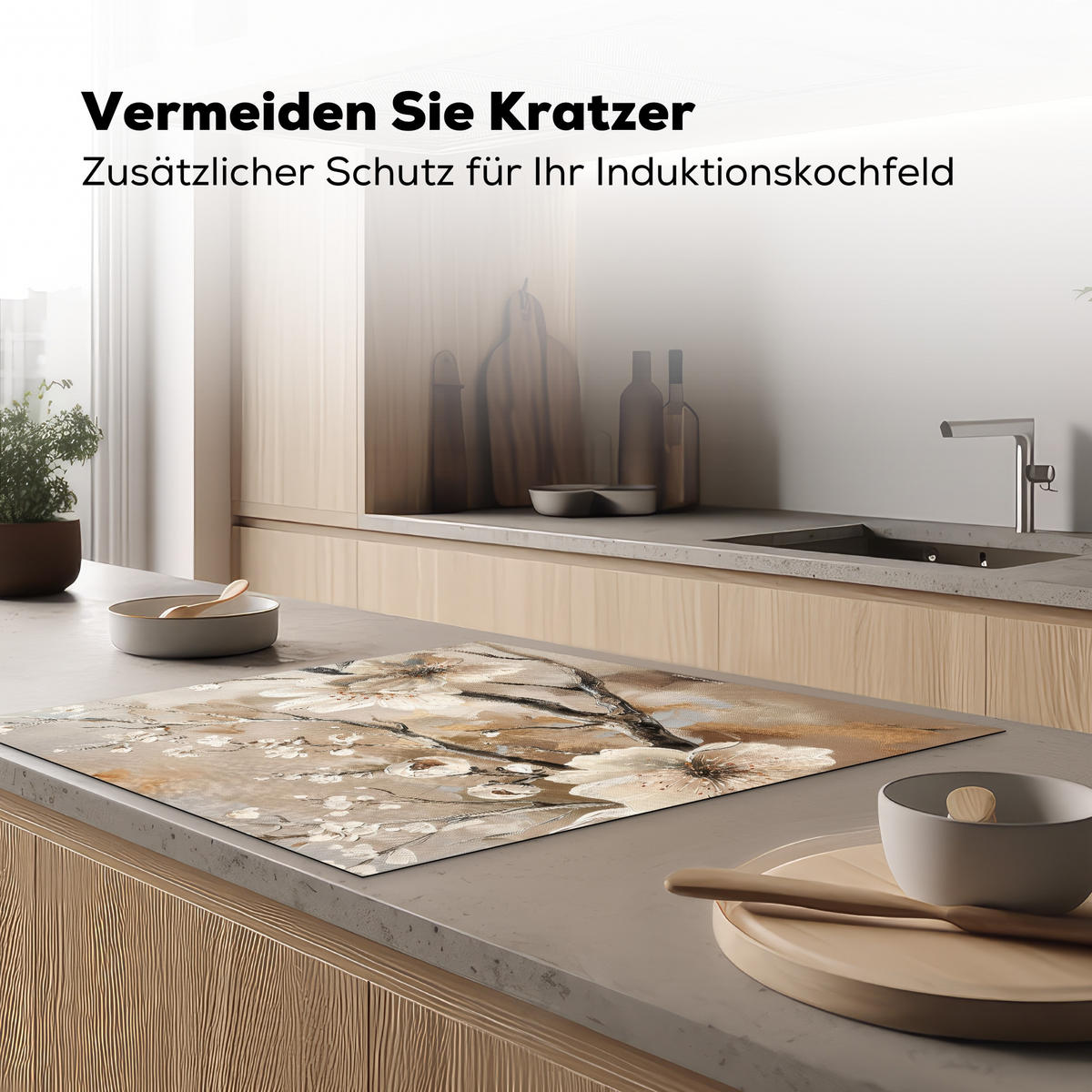 HERDABDECKPLATTE Blumen - Abstrakt - Gemalt - Beige 78x78 cm - Beige, Kunststoff (78/78/0.2cm) - MuchoWow