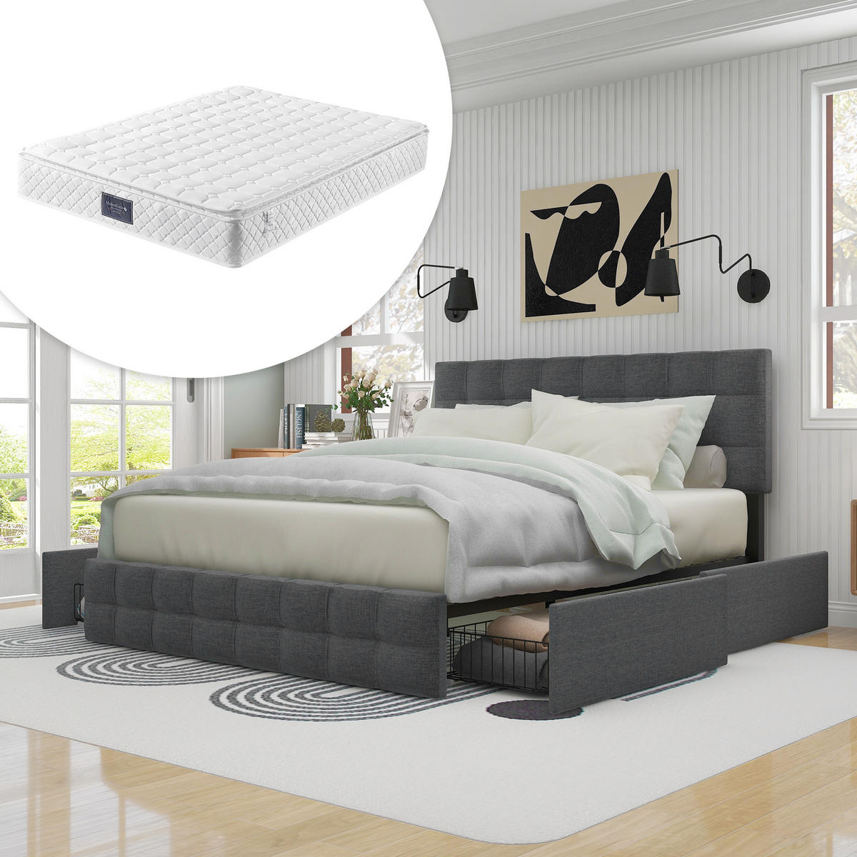 POLSTERBETT 140/200 cm Grau mit 4 Schubladen und höhenverstellbarem Kopfteil - Grau, Textil (140/200cm) - OKWISH