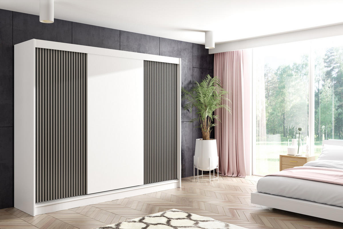 KLEIDERSCHRANK VILAN mit Lamel/LED - 250 cm - Weiß|Schwarz - Schwarz/Weiß, Holzwerkstoff (250/215/61cm) - ALTDECOR