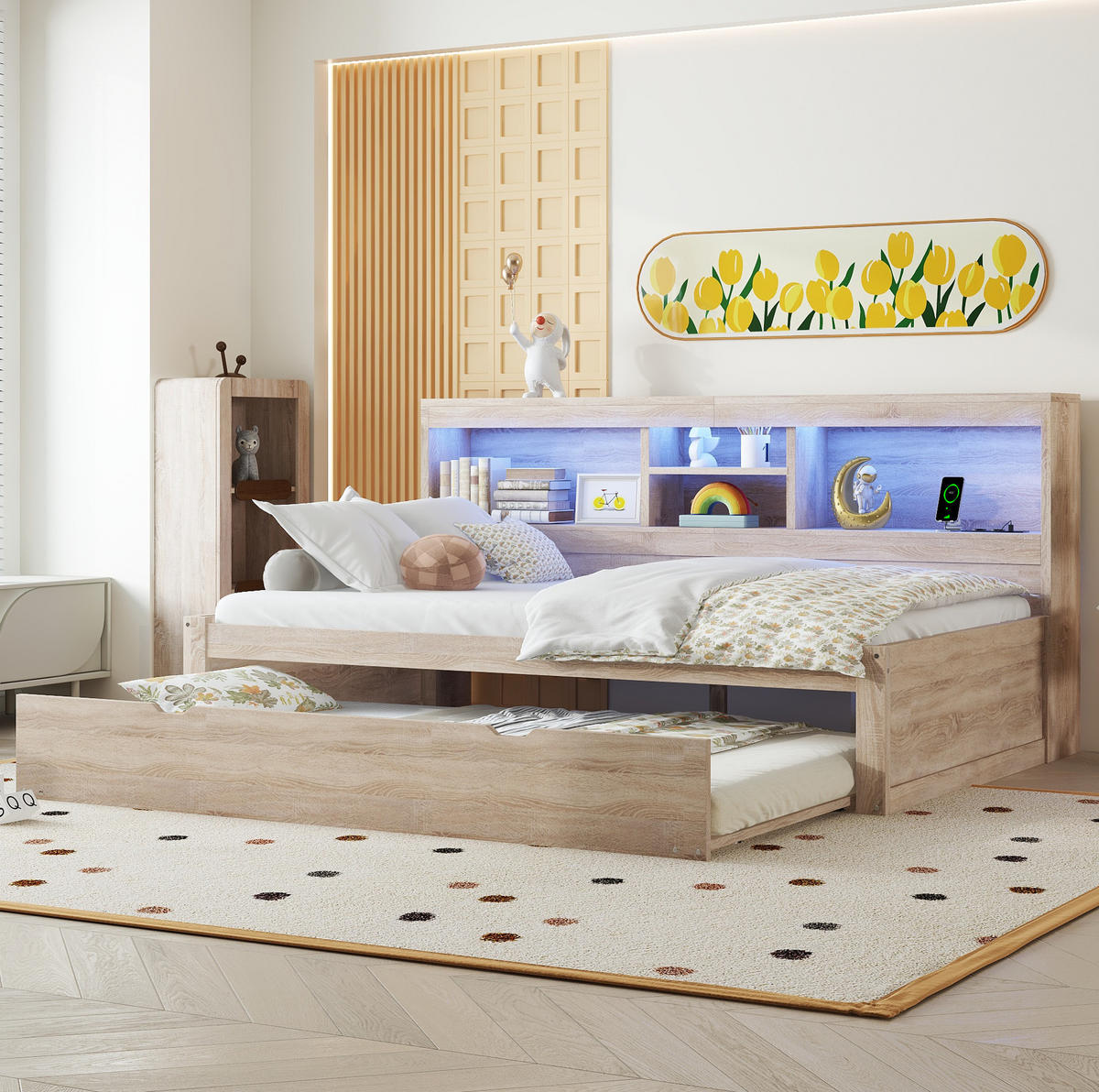 MULTIFUNKTIONSBETT 90/200 cm Natur mit LED-Beleuchtung und Steckdose USB-Anschlüssen - Naturfarben, Holzwerkstoff (90/200cm) - OKWISH
