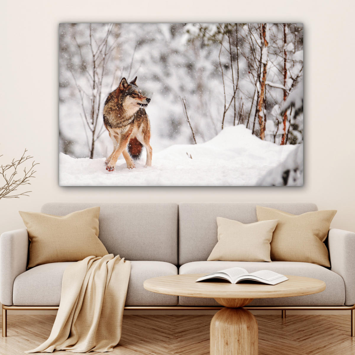 LEINWANDBILD Wolf - Winter - Schnee - Natur - Tiere Wohnzimmer 120x80 cm - Haselnussfarben, Textil (120/80cm) - MuchoWow