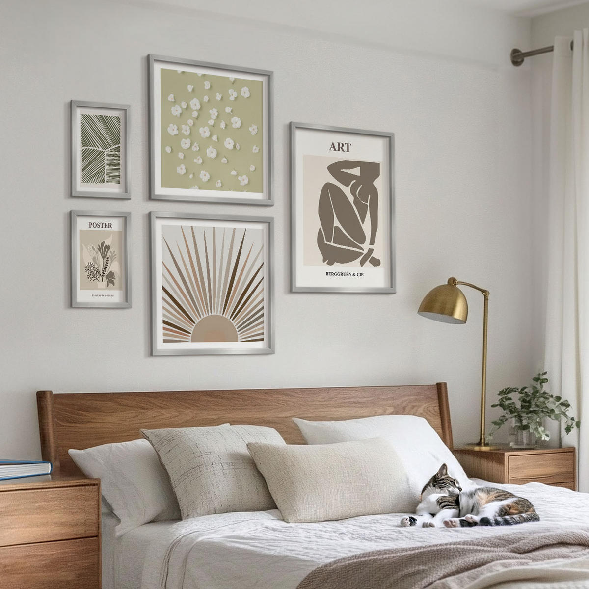 WANDBILDER 5er Set - 50x50 cm & 20x30 cm & 40x60 cm Silberner Rahmen - Pflanzenmotive in gedeckten Farben - Silberfarben, Kunststoff (40/60cm) - ArtPrintCave
