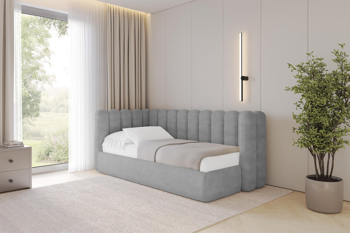 EINZELLBETT Jugendbett mit Bettkasten und Matratze H3/H4, Rechts - HUGY 100x200 Grau - Silberfarben, Holzwerkstoff/Textil (100/200cm) - ALTDECOR
