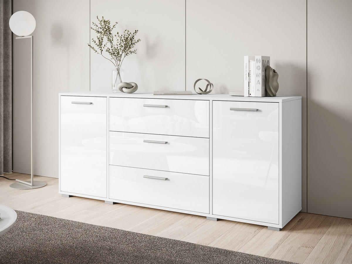 SIDEBOARD Bogota 150 - Weiß Hochglanz/Silberfarben, Holzwerkstoff/Kunststoff (150/68/40cm) - MIRJAN24