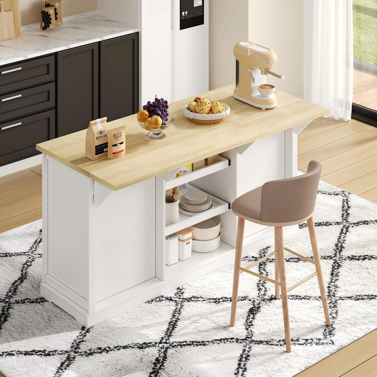 BUFFET 150/65/75,5 cm natur/weiß aus MDF mit Klappplatte und Steckdosen - Naturfarben, Holzwerkstoff (150/75.5/65cm) - OKWISH