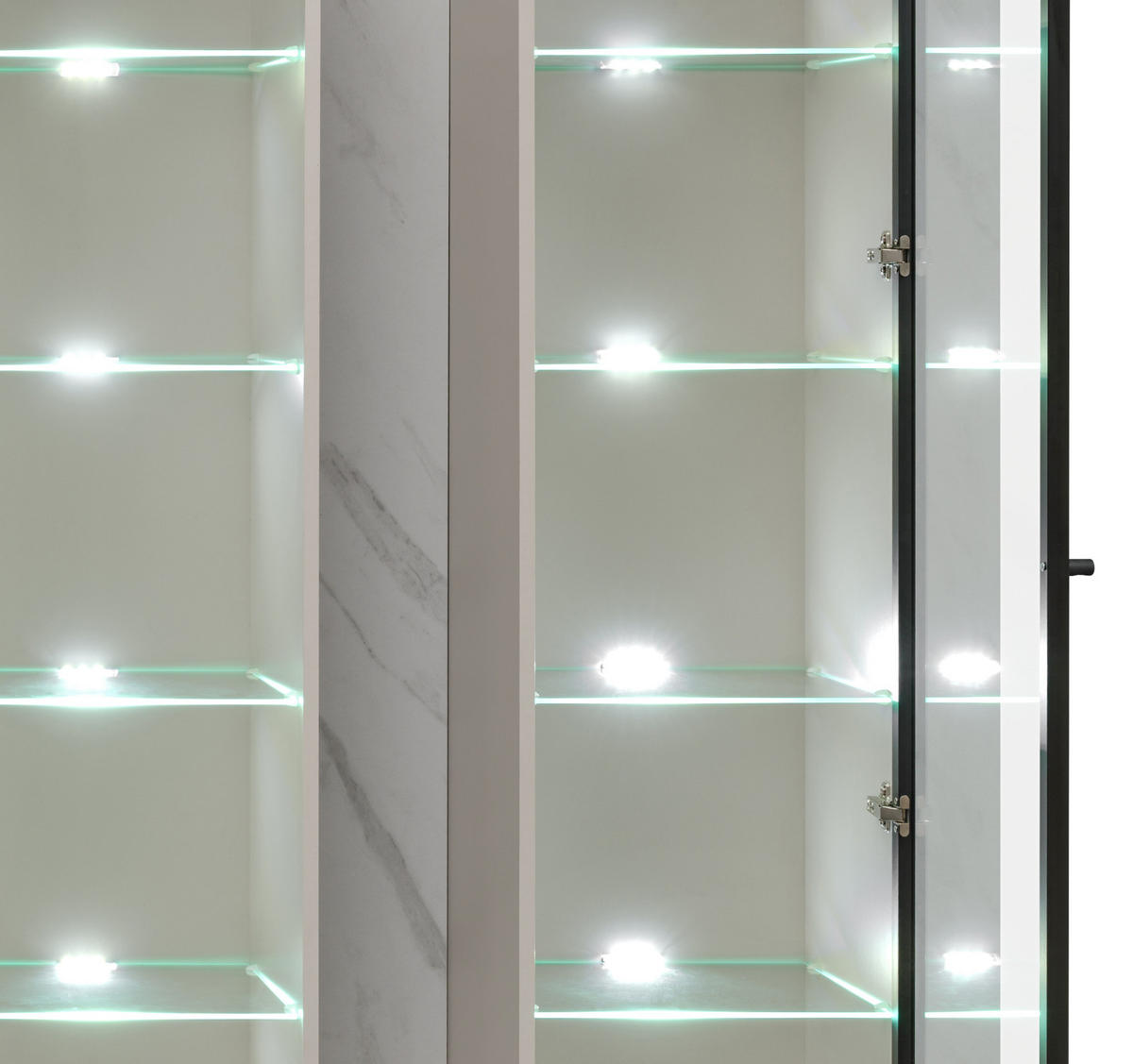 WOHNWAND kaschmir, Marmor weiß 300 cm, Anbauwand mit Wandpaneel, Beleuchtung, Push-to-Open - Kaschmir/Schwarz, Glas/Holzwerkstoff (300/175/45cm) - Inn.Furn