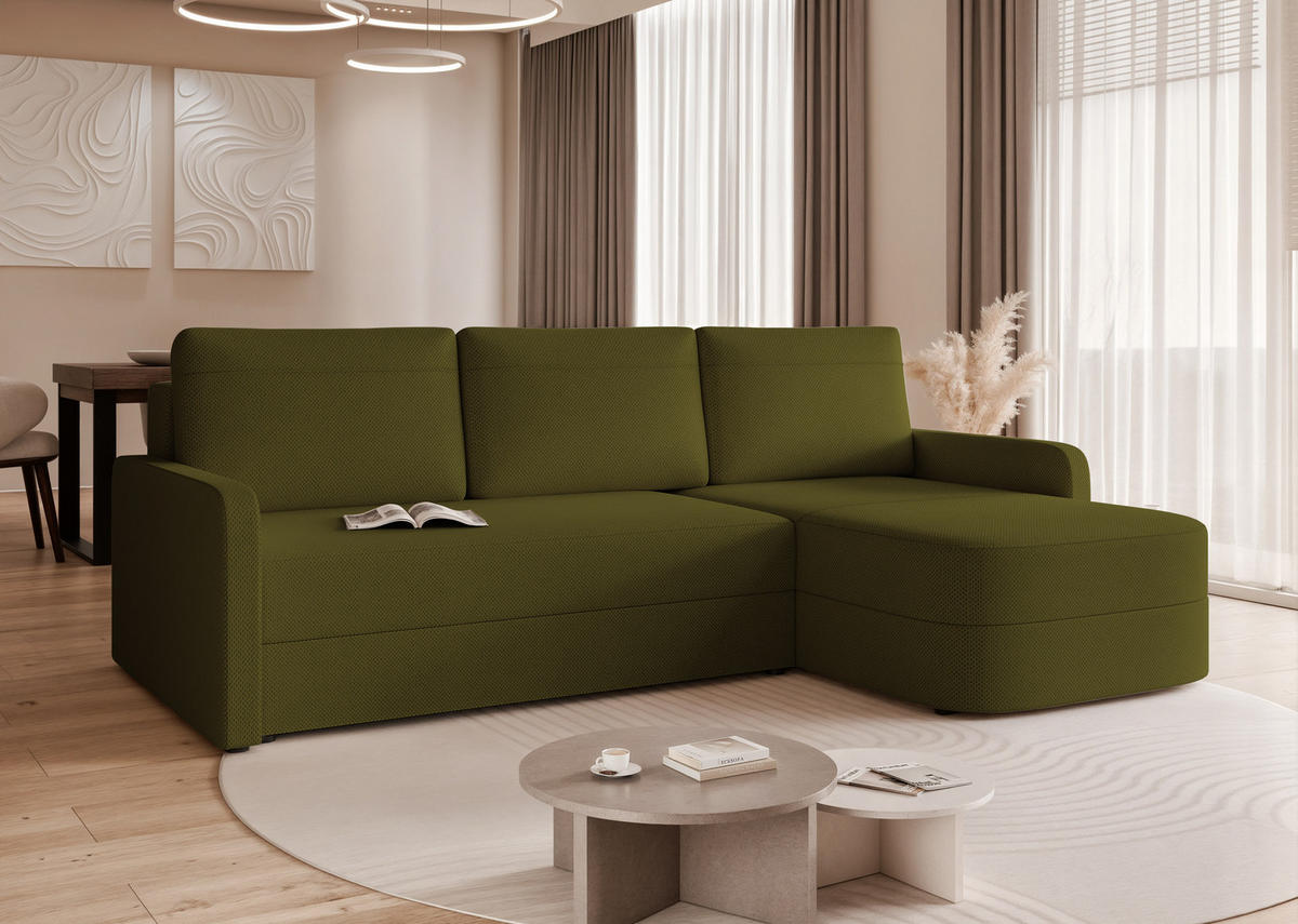 ECKSOFA CERIS mit Schlaffunktion und Bettkasten Olivgrün - Olivgrün, Holzwerkstoff/Kunststoff (250/160cm) - Idohome