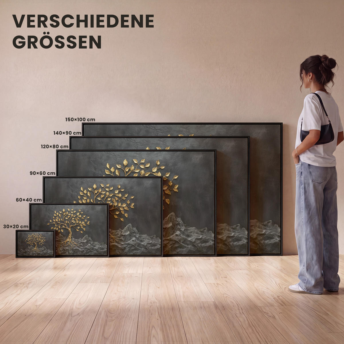 LEINWAND Bilder mit Rahmen - Blätter - Gold - Baum - Fels - 60x40 - Schwarz, Textil (60/40cm) - MuchoWow