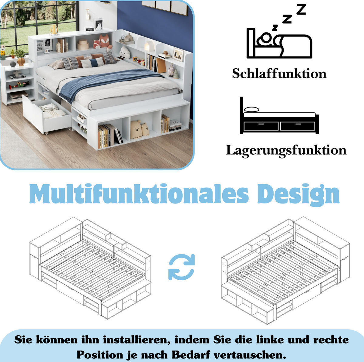 KINDERBETT 140/200 cm Weiß mit Stauraum und Bücherregal - Weiß, Holzwerkstoff (140/200cm) - Flora Grace
