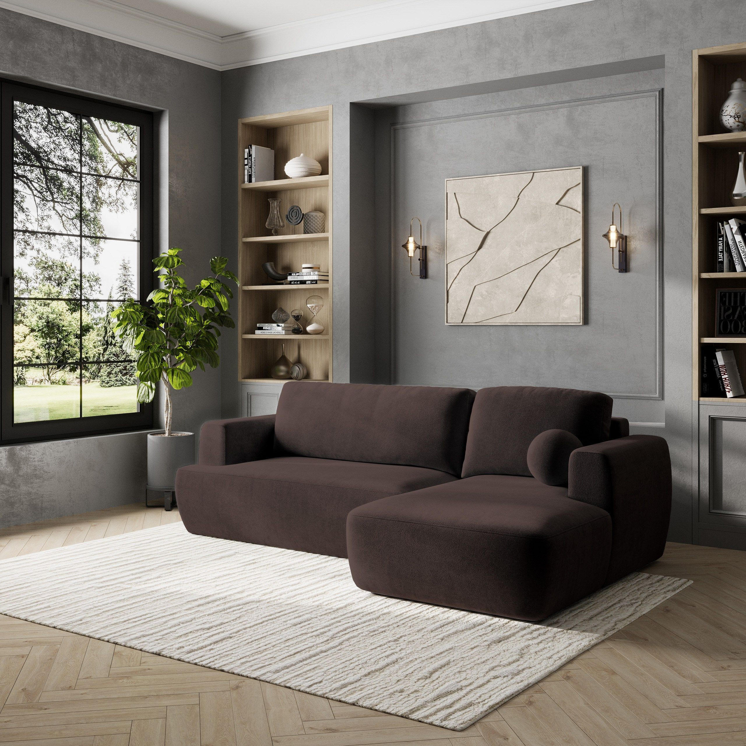 ECKSOFA SENTI K R-S Braun Plüsch-Stoff mit Schlaffunktion - Braun, Holz (246/148cm) - MASSENO