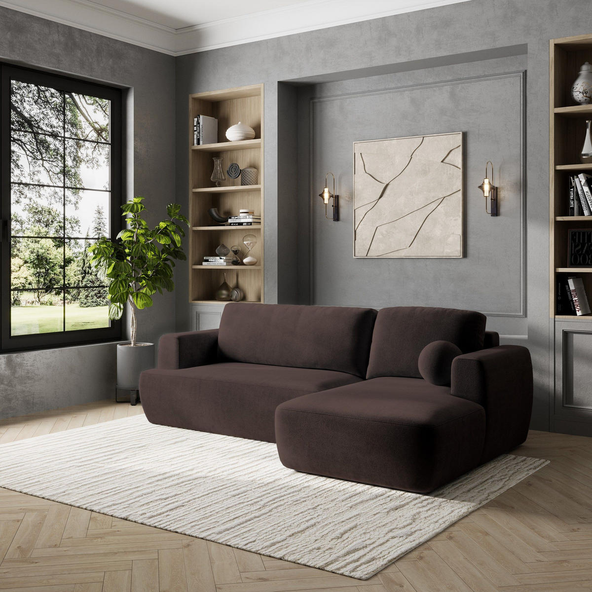 ECKSOFA SENTI K R-S Braun Plüsch-Stoff mit Schlaffunktion - Braun, Holz (246/148cm) - MASSENO