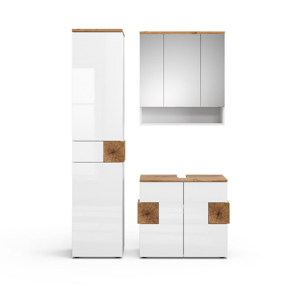 BADMÖBEL-SET Eden Weiß 3 Teile, mit Hochschrank - Weiß Hochglanz, Holzwerkstoff (73/64/37cm) - Vicco