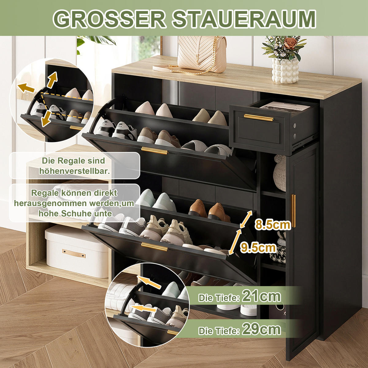 GARDEROBEN-SET in Schwarz Flurmöbel-Set mit Schuhschrank, Sitzbank, Wandgarderobe & Spiegel, B139.5/T35/H166 cm - Schwarz, Holzwerkstoff (130/174/30cm) - STILVORA